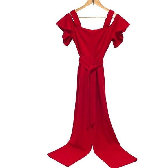 Calvin Klein Womens Cold Shoulder Flutter Sleeve Tie Belt Jumpsuit Red Size 2 - Picture 4 of 11